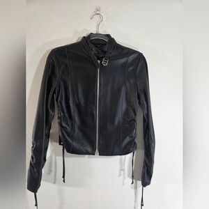 BEBE Y2K Genuine Leather Black Ruched Zip Front Minimalist Classic Moto Jacket